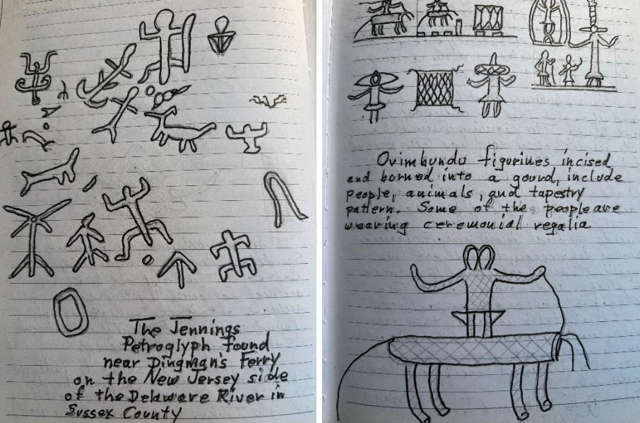 Field journal: Jennings Petroglyph (New Jersey) and Angolan figurines, late 19th century