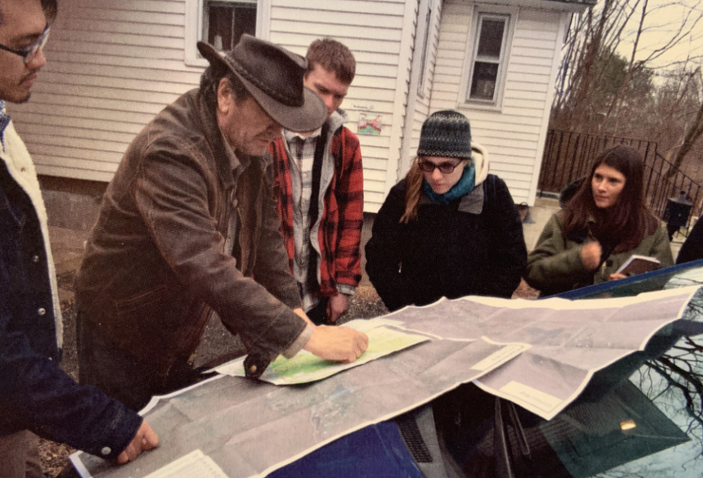Dr. Stead with Rutgers students, Ringwood, NJ — charting their field study, 2018.