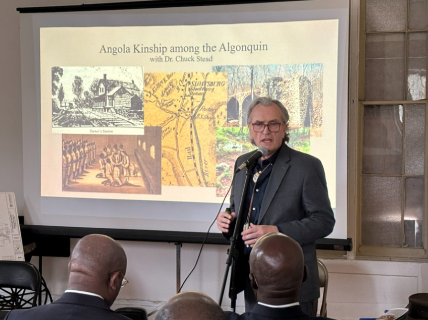 Speaking to Angolan guests at Harmony Hall, April 2025.