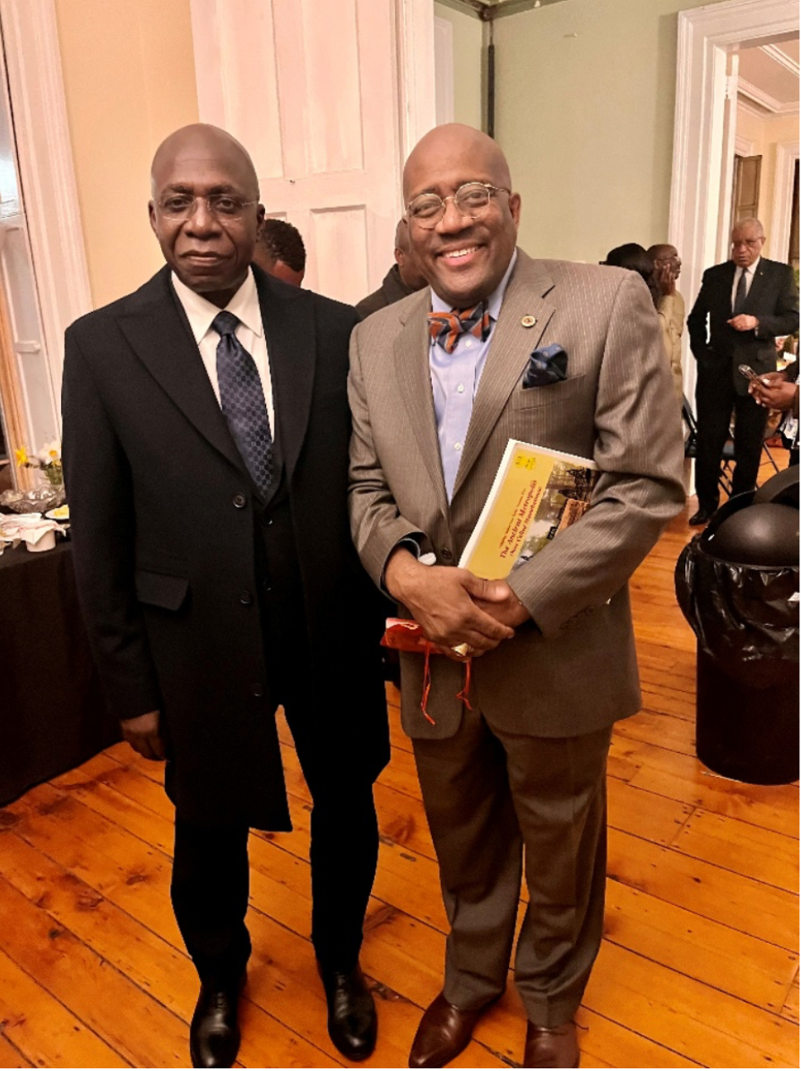 H.E. Tete Antonio, Minister of External Relations of the Republic of Angola, with Sloatsburg Mayor Darrell Fraiser, Harmony Hall, April 18, 2025.